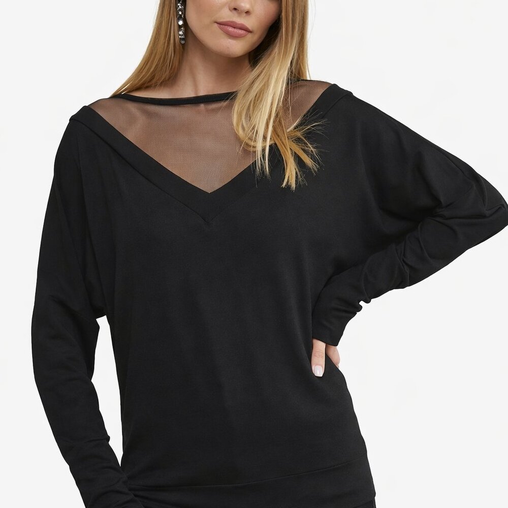 Sexy Sheer Mesh V-Neck Black Top | Italian Designer Style | Minimalist Boutique - Picture 4 of 5